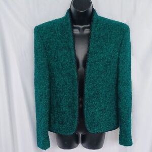 Michelle Stuart Green Blazer, Vtg, 100% Wool, 20" PTP, 22" L, Open Front, USA